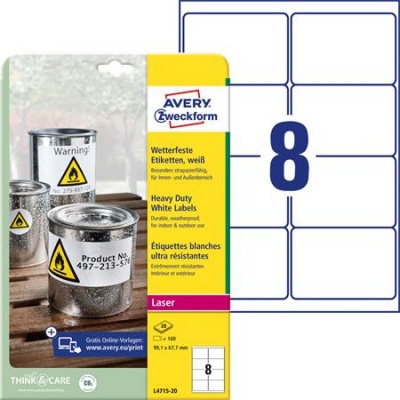 Etikett, 99,1x67,7 mm, poliészter, időjárásálló, AVERY ZWECKFORM, fehér, 160 etikett/csomag
